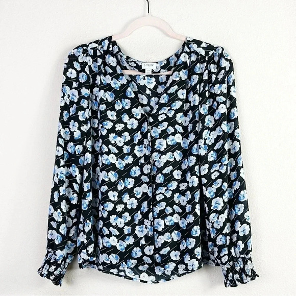 J. Crew Floral Print Long Sleeve V-Neck Button Down Blouse Blue White Size 10 - Picture 1 of 8